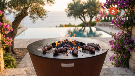 Grilled Wild Blueberry Sausages (Maine Style) cooking on an Arteflame grill