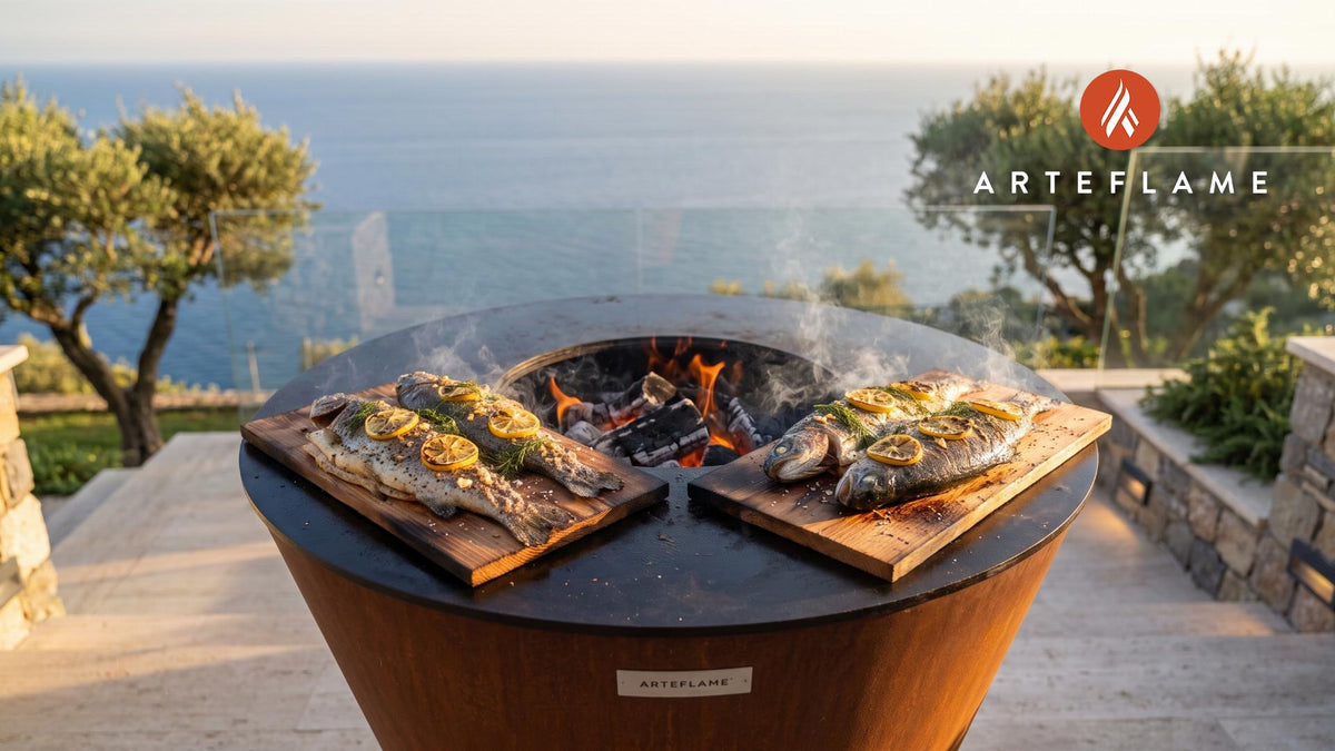 Cedar Plank Grilled Trout (Maine Style) cooking on an Arteflame grill