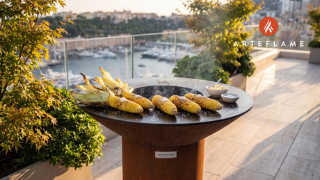 Grilled Corn with Sea Salt & Butter (Maine Style) cooking on an Arteflame grill