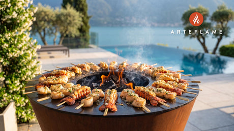 Seared Lobster & Scallop Skewers (Maine Style) cooking on an Arteflame grill