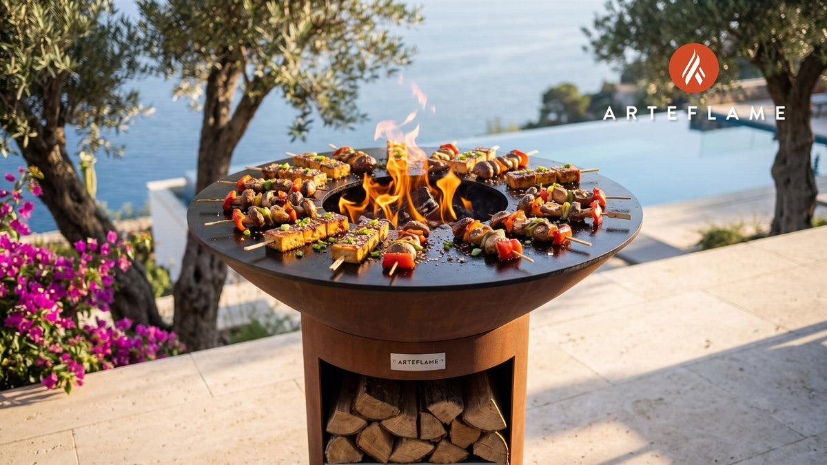 Grilled Tofu & Mushroom Skewers (Korean Style) cooking on an Arteflame grill