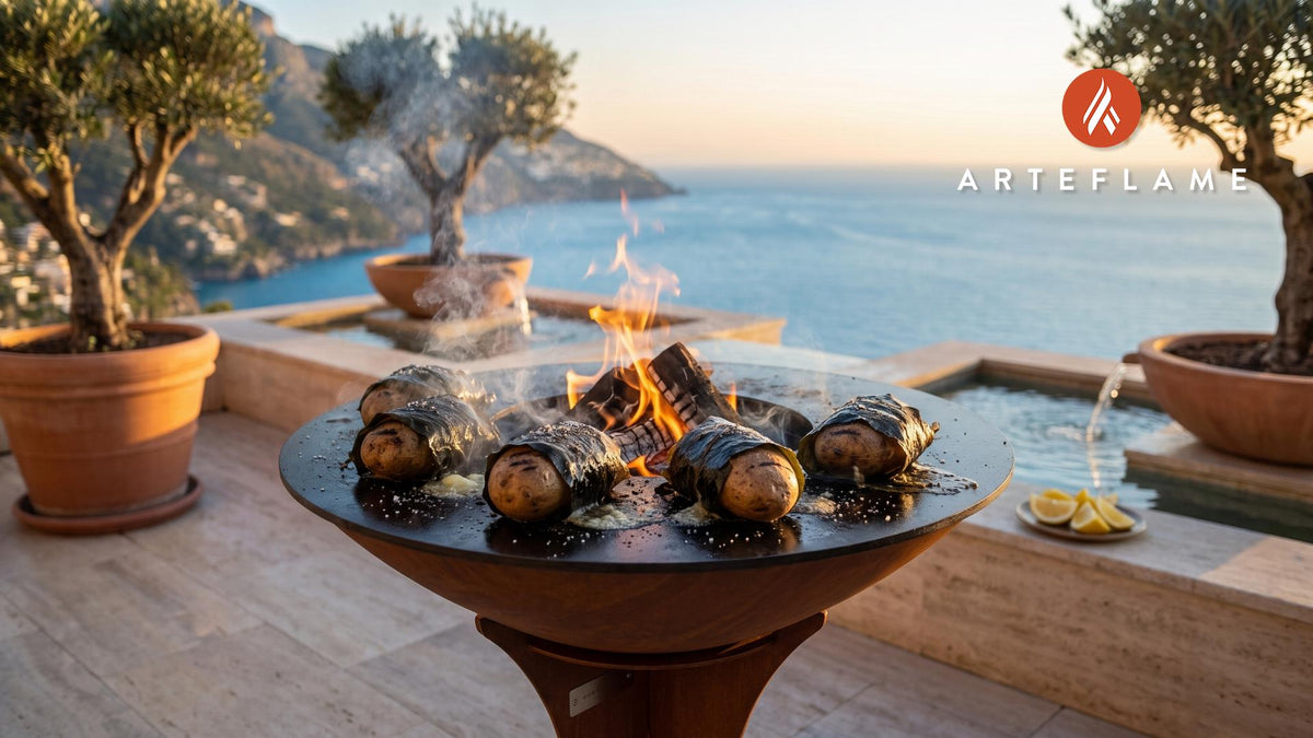 Grilled Seaweed-Wrapped Potatoes (Maine Style) cooking on an Arteflame grill