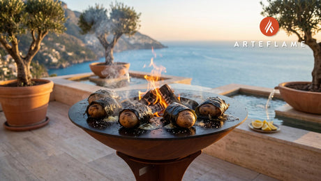 Grilled Seaweed-Wrapped Potatoes (Maine Style) cooking on an Arteflame grill