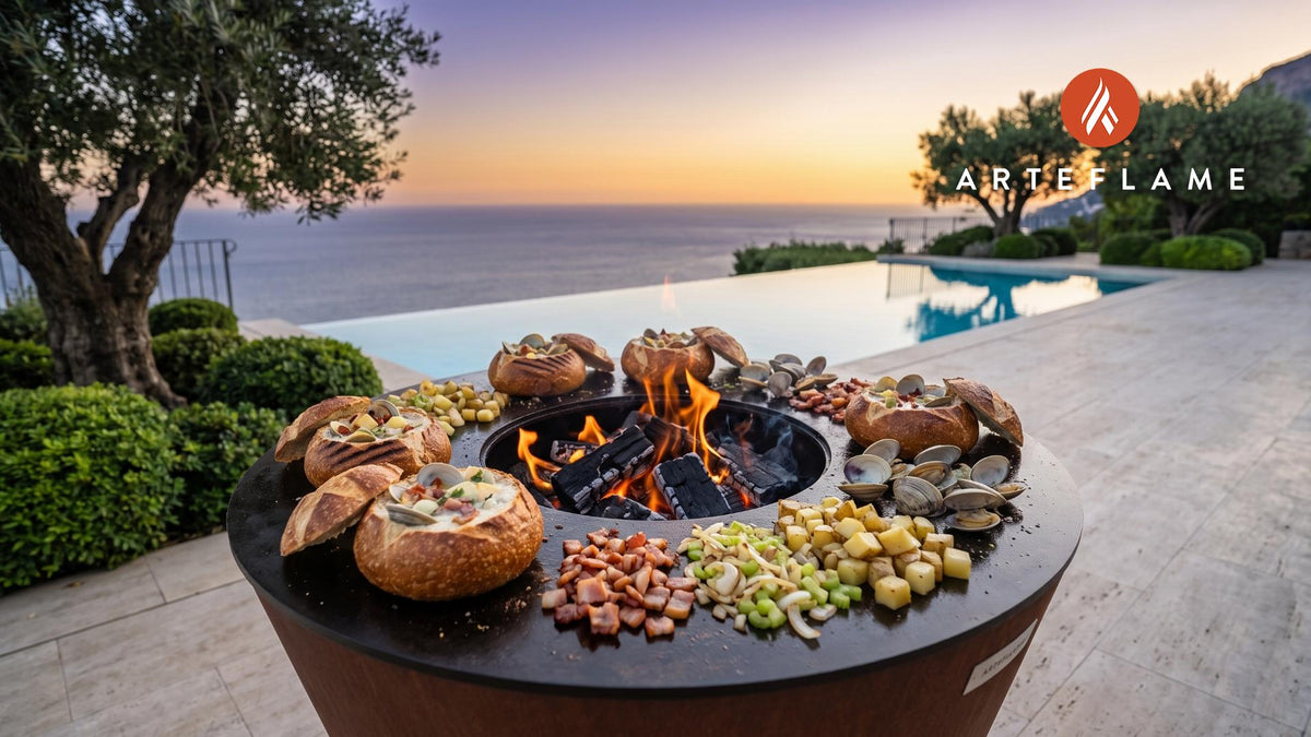 Grilled Clam Chowder Bread Bowls (Maine Style) cooking on an Arteflame grill