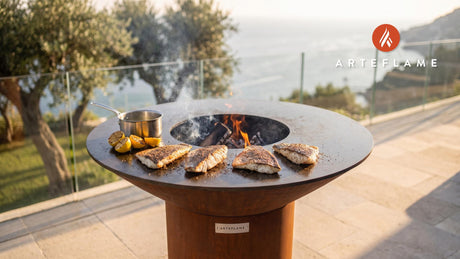 Grilled Chesapeake Rockfish (Maryland Style) cooking on an Arteflame grill