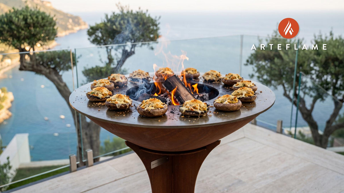Grilled Crab Stuffed Mushrooms (Maryland Style) cooking on an Arteflame grill