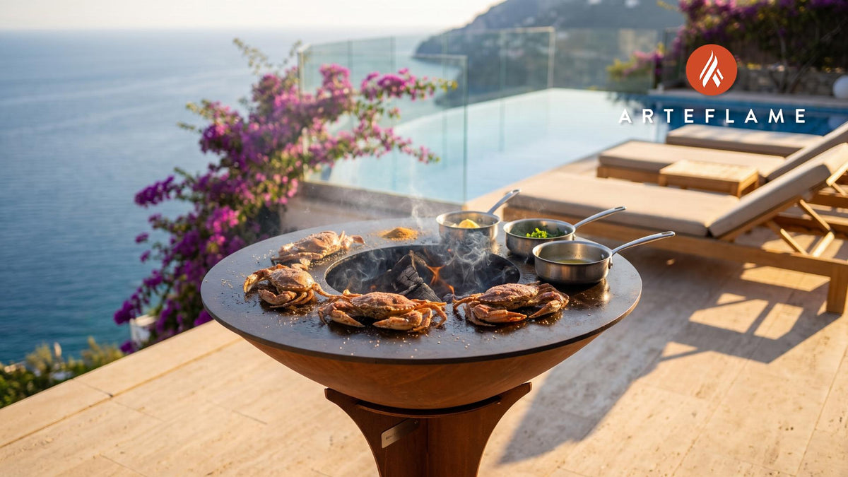 Grilled Soft Shell Crabs with Lemon Butter (Maryland Style) cooking on an Arteflame grill