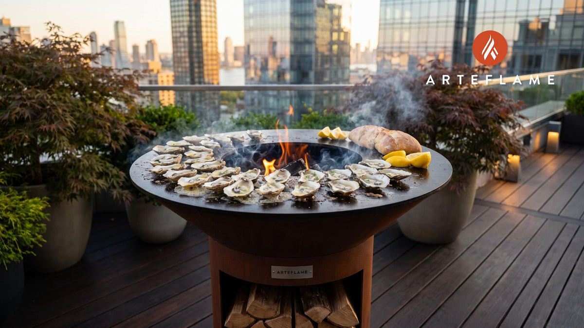 Grilled Oysters with Old Bay Butter (Maryland Style) cooking on an Arteflame grill