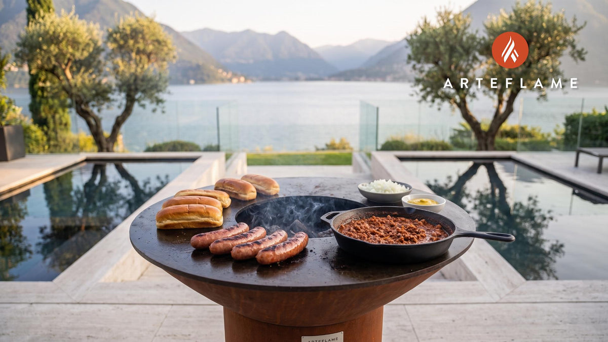 Grilled Half-Smokes (Maryland Style) cooking on an Arteflame grill