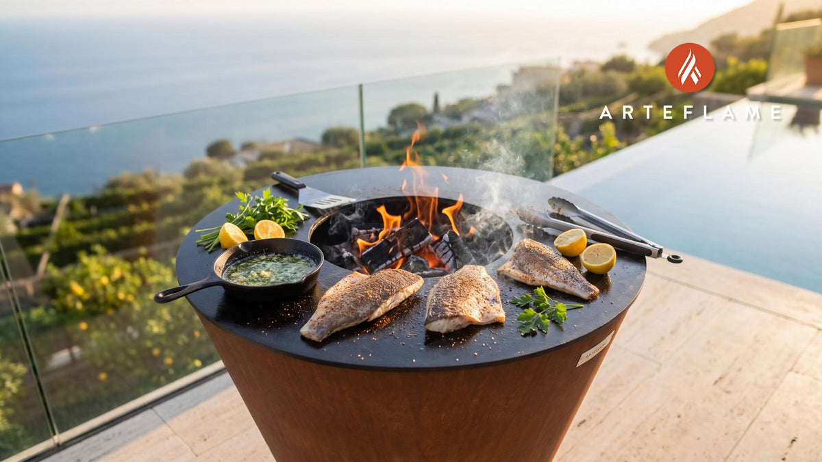Grilled Rockfish with Garlic Butter (Maryland Style) cooking on an Arteflame grill