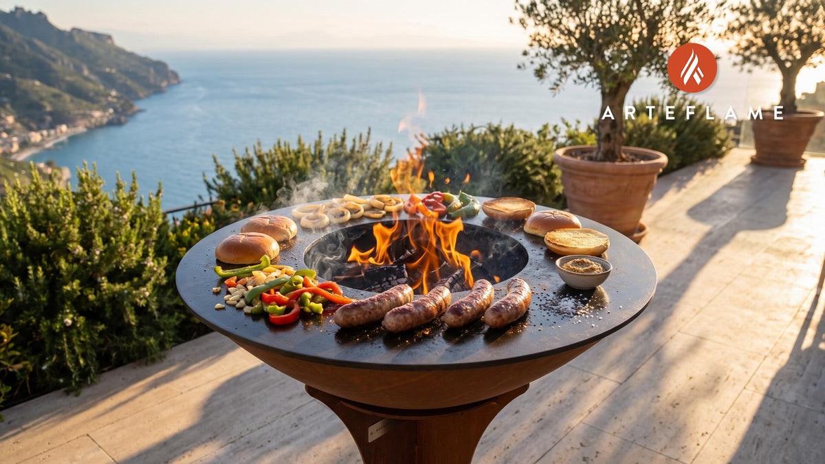 Grilled Duck Sausage (Maryland Eastern Shore Style) cooking on an Arteflame grill