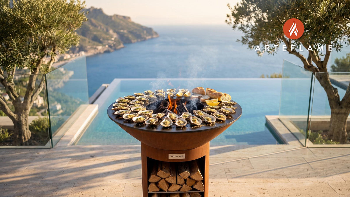 Herb-Infused Grilled Oysters (Massachusetts Style) cooking on an Arteflame grill