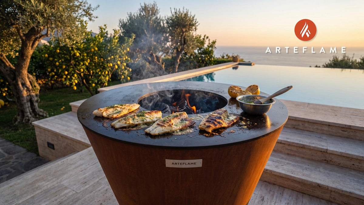 Grilled Haddock with Dill Butter (Massachusetts Style) cooking on an Arteflame grill