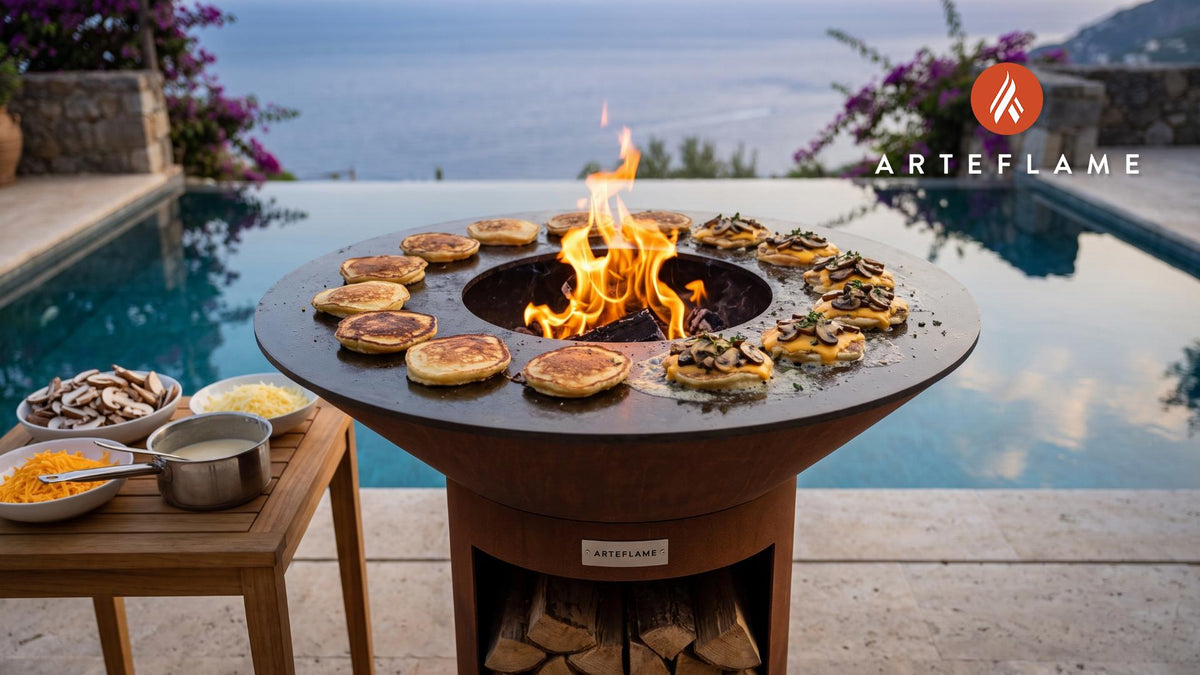 Grilled Mushroom & Cheese Johnnycakes (Massachusetts Style) cooking on an Arteflame grill