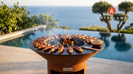 Maple Bacon-Wrapped Chicken Skewers (Massachusetts Style) cooking on an Arteflame grill