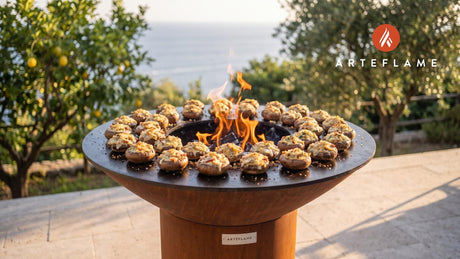 Grilled Chowder Stuffed Mushrooms (Massachusetts Style) cooking on an Arteflame grill