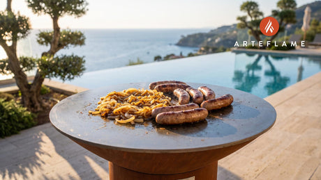Grilled Sausage & Caramelized Onions (Michigan Style) cooking on an Arteflame grill