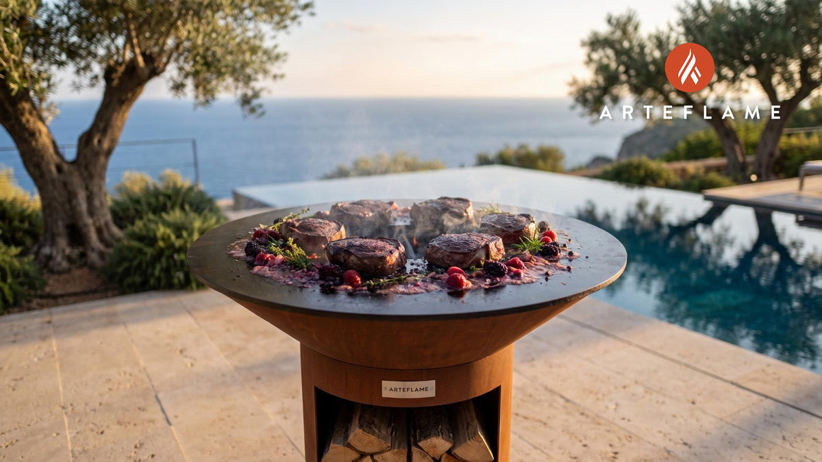 Seared Venison Steak with Wild Berry Marinade (Minnesota Style) cooking on an Arteflame grill