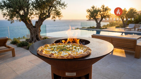 Creamed Corn Grilled Pizza (Minnesota Style) cooking on an Arteflame grill