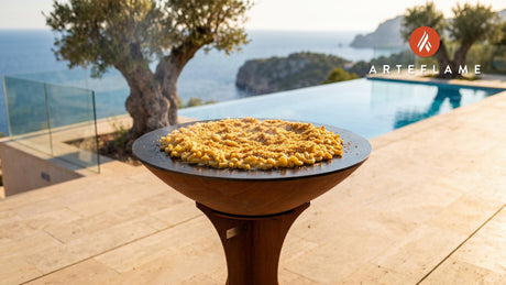 Grilled Smoked Gouda Mac & Cheese (Minnesota Style) cooking on an Arteflame grill