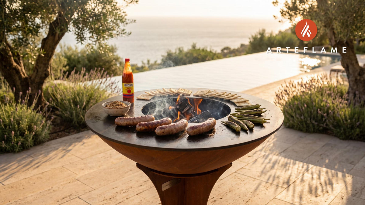 Wood-Fired Boudin Sausage (Mississippi Style) cooking on an Arteflame grill