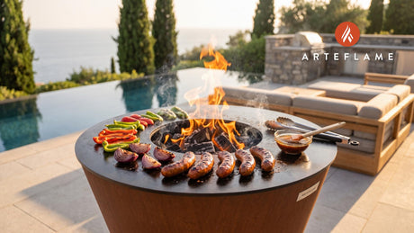 Spicy Grilled Bison Sausages (Montana Style) cooking on an Arteflame grill