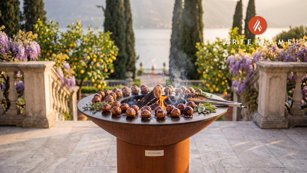 Fire-Roasted Buffalo Meatballs (Montana Style) cooking on an Arteflame grill