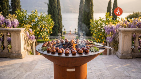 Fire-Roasted Buffalo Meatballs (Montana Style) cooking on an Arteflame grill