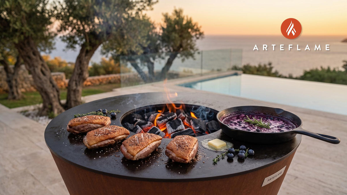 Grilled Duck Breasts with Huckleberry Sauce (Montana Style) cooking on an Arteflame grill