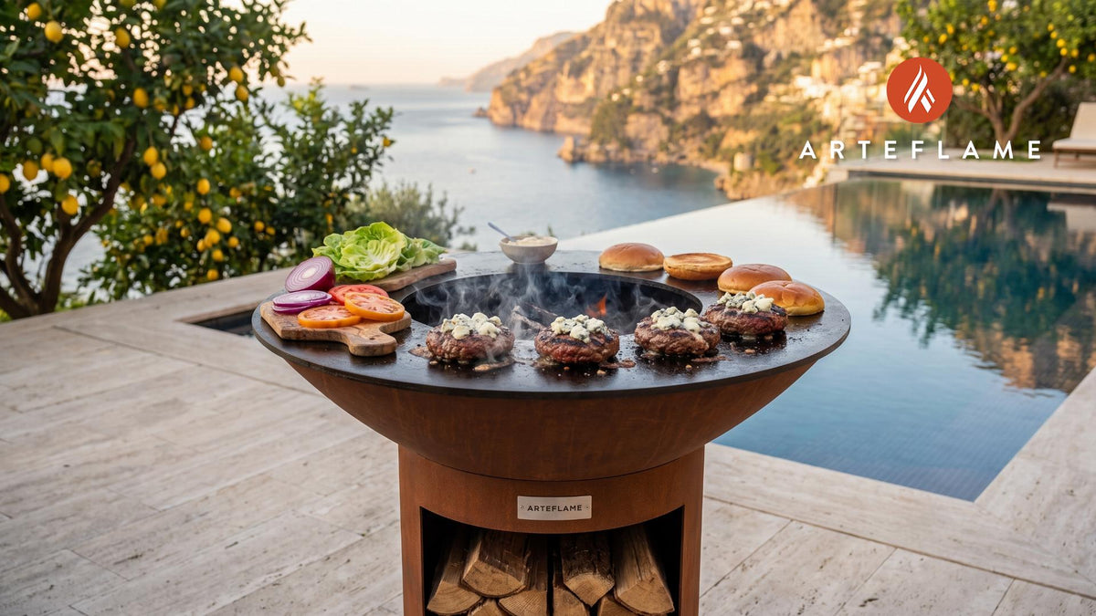 Juicy Bison Blue Cheese Burgers (Montana Style) cooking on an Arteflame grill