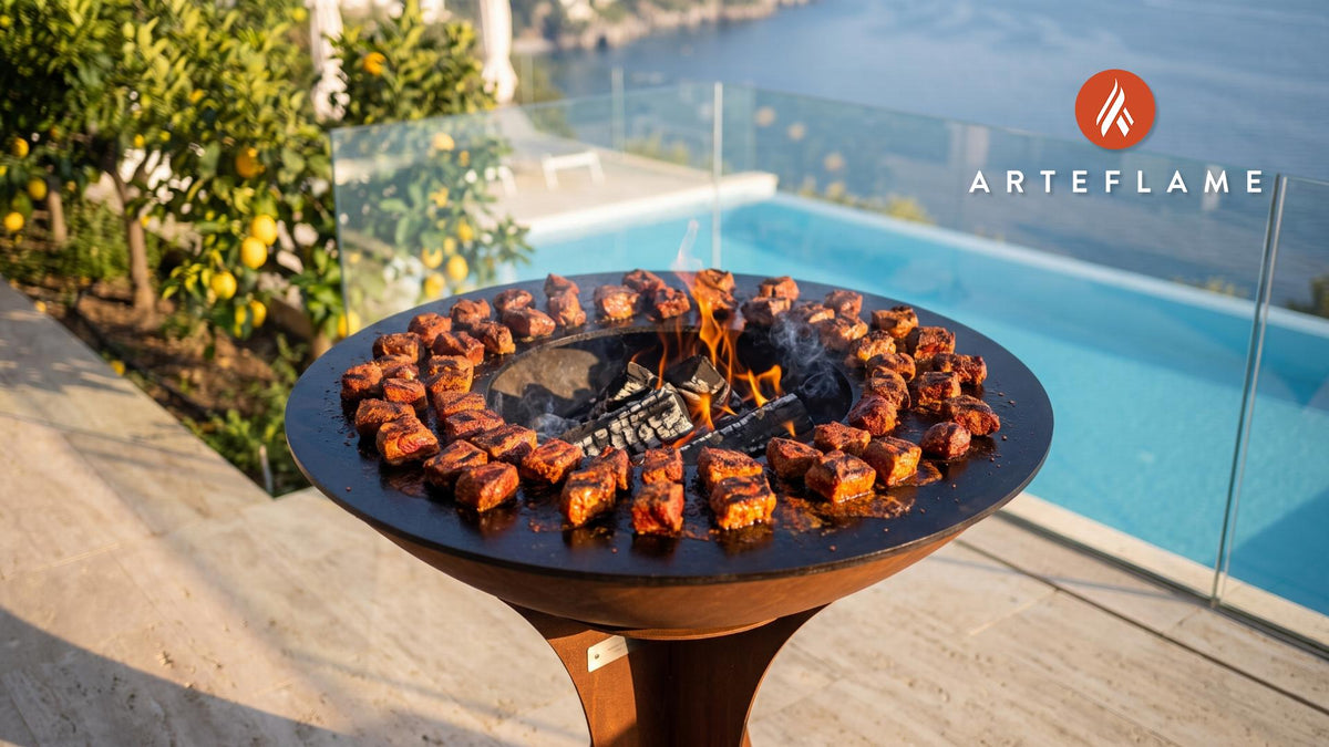 Spicy Grilled Bison Chislic (Montana Style) cooking on an Arteflame grill