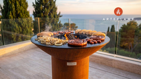 Juicy Grilled Kielbasa & Onions (Nebraska Style) cooking on an Arteflame grill