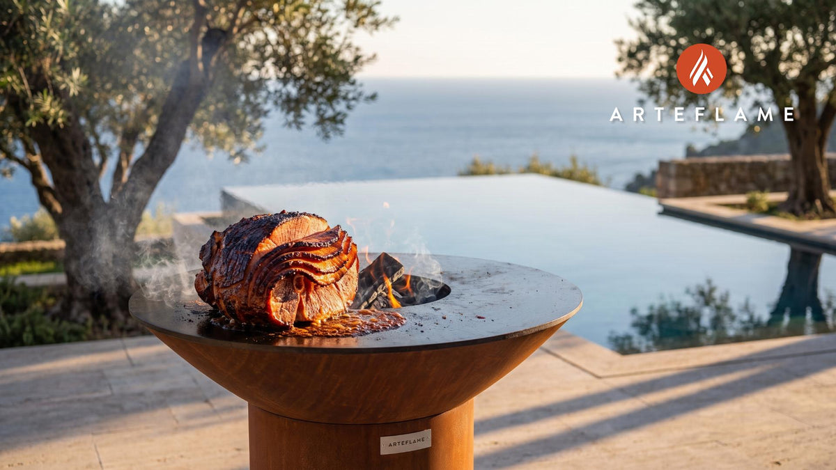Maple Glazed Smoked Ham (Nebraska Style) cooking on an Arteflame grill