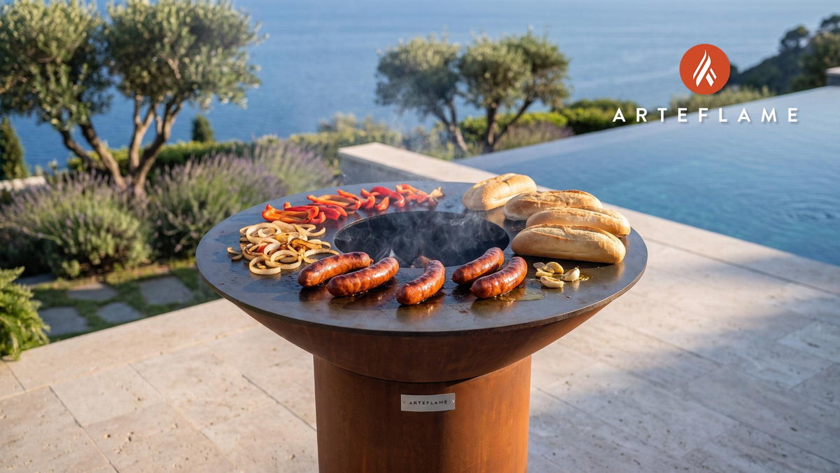 Grilled Basque Chorizo (Nevada Style) cooking on an Arteflame grill