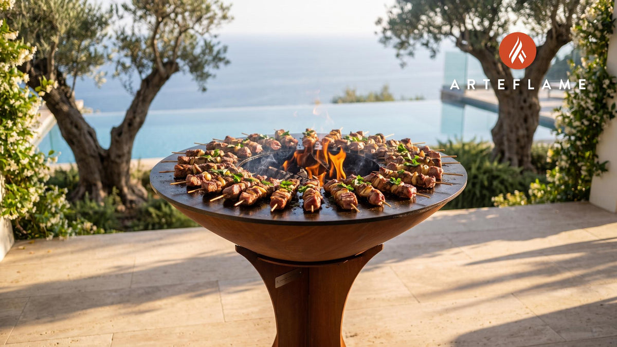 Wood-Fired Basque Lamb Skewers (Nevada Style) cooking on an Arteflame grill