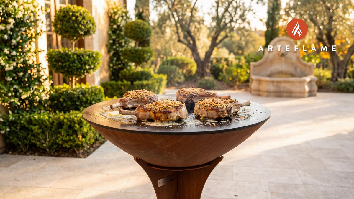 Pine Nut Crusted Pork Chops (Nevada Style) cooking on an Arteflame grill