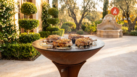 Pine Nut Crusted Pork Chops (Nevada Style) cooking on an Arteflame grill