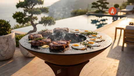 Seared Steak and Eggs (Nevada Style) cooking on an Arteflame grill