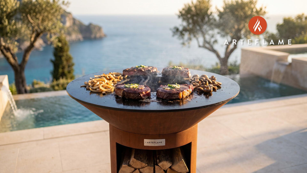 Seared Elk Steaks with Onions & Mushrooms (Nevada Style) cooking on an Arteflame grill
