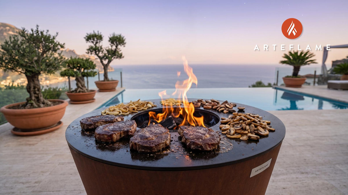 Grilled Elk Steaks with Onions & Mushrooms (Nevada Style) cooking on an Arteflame grill