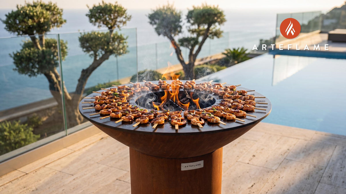 Spicy BBQ Shrimp Skewers (Nevada Style) cooking on an Arteflame grill
