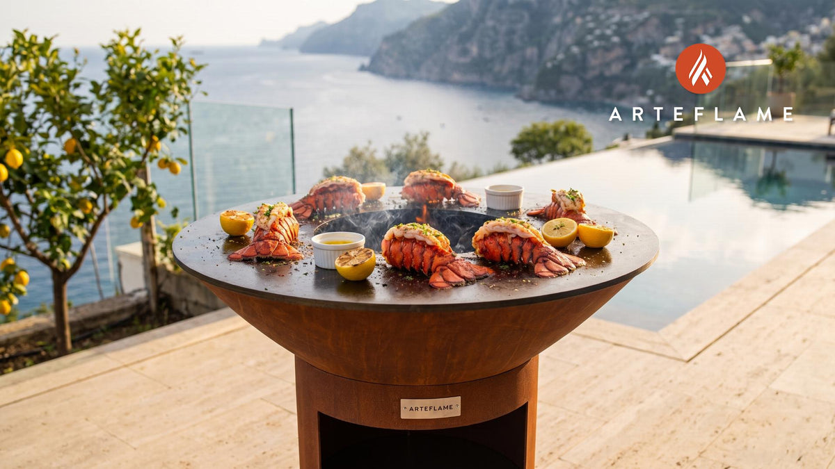 Grilled Lobster Tails with Garlic Butter (New Hampshire Style) cooking on an Arteflame grill