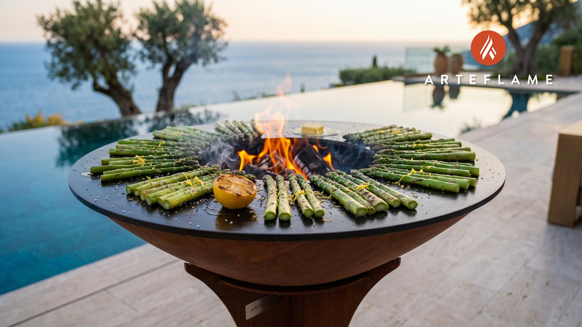 Grilled Asparagus with Lemon (New Jersey Style) cooking on an Arteflame grill