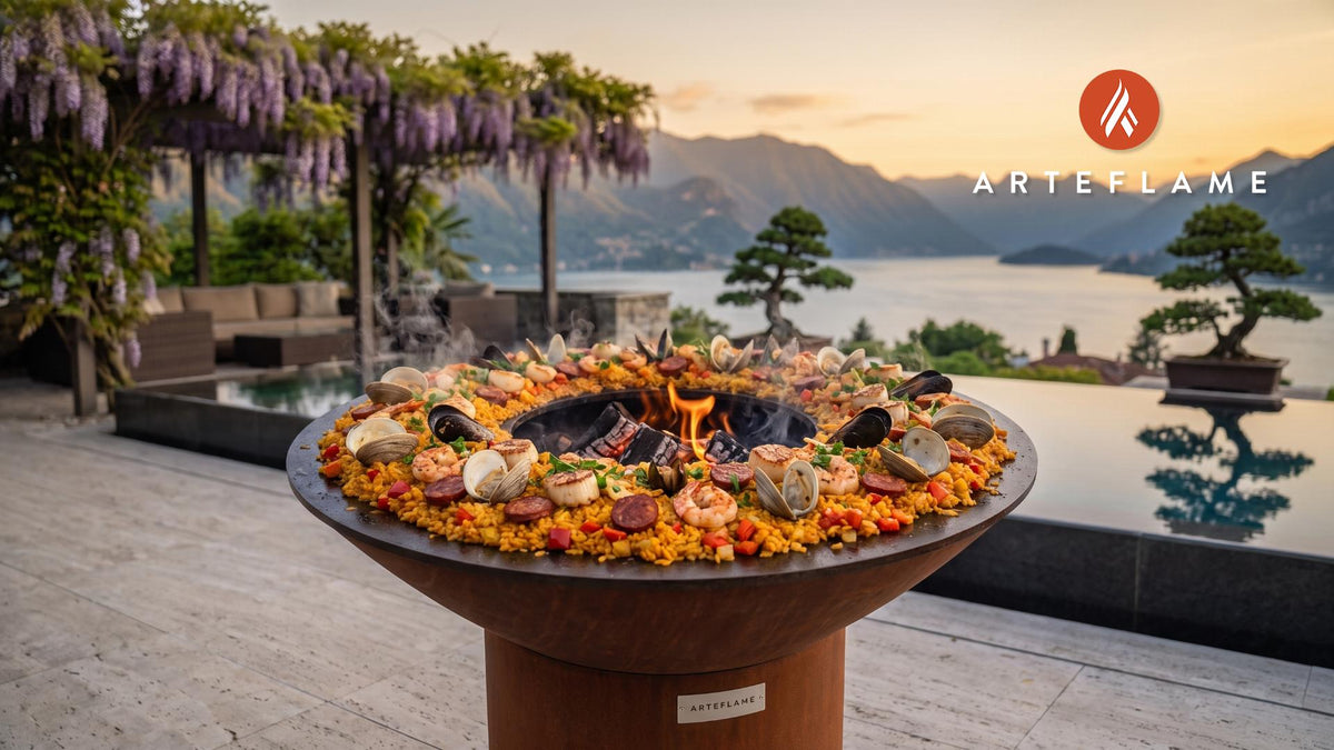 Grilled Seafood Paella (New Jersey Shore Style) cooking on an Arteflame grill