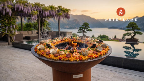 Grilled Seafood Paella (New Jersey Shore Style) cooking on an Arteflame grill