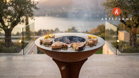 Grilled Swordfish with Lemon Caper Sauce (New Jersey Style) cooking on an Arteflame grill