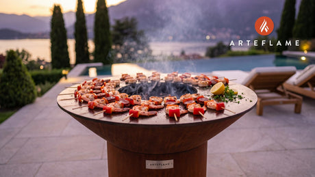 Grilled Shrimp & Chorizo Skewers (New Jersey Style) cooking on an Arteflame grill