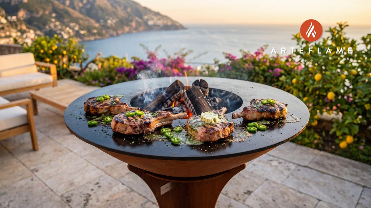 Seared Pork Chops with Green Chile Butter (New Mexico Style) cooking on an Arteflame grill