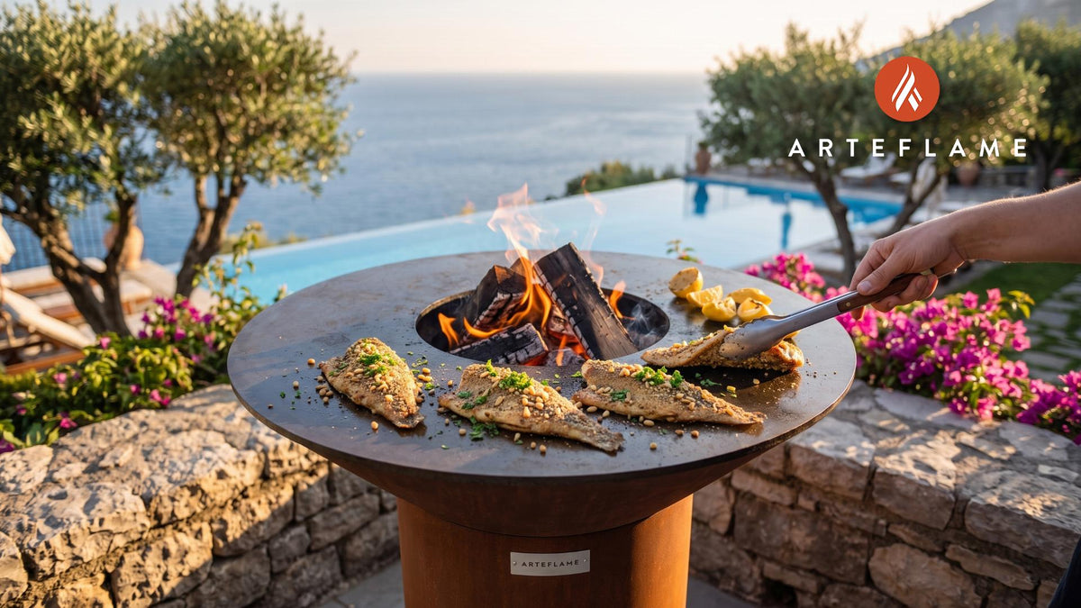 Pinon Crusted Trout (New Mexico Style) cooking on an Arteflame grill