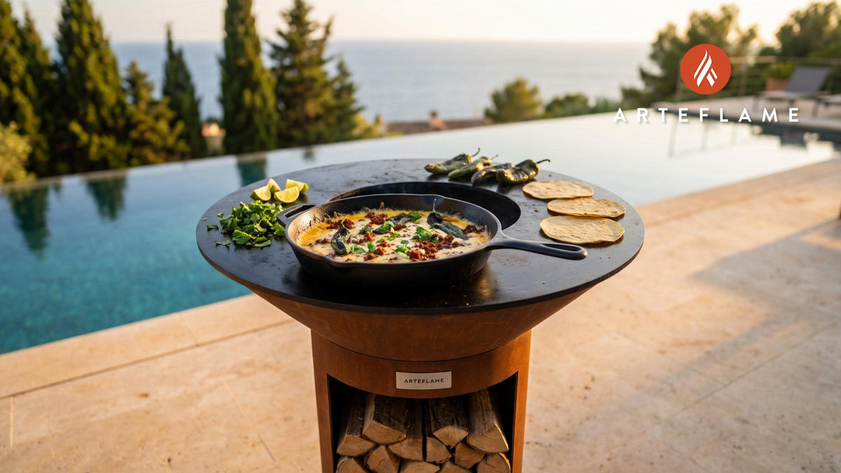 Charred Green Chile Queso Fundido (New Mexico Style) cooking on an Arteflame grill